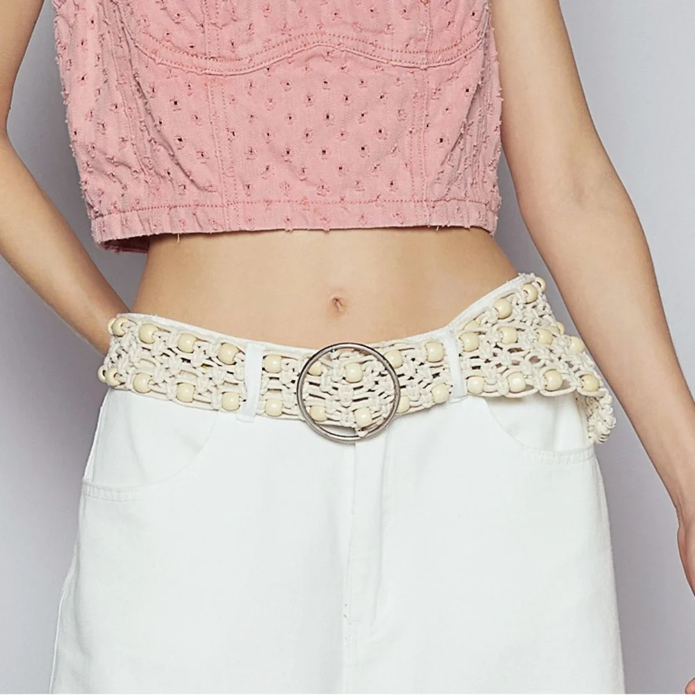 New! Belt13 Cream Leatherette belt with beads - Picture 11 of 11